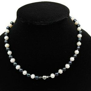 Near Round Cultured‎ Freshwater Pearl Necklace White Pearl And dyed Black 18in